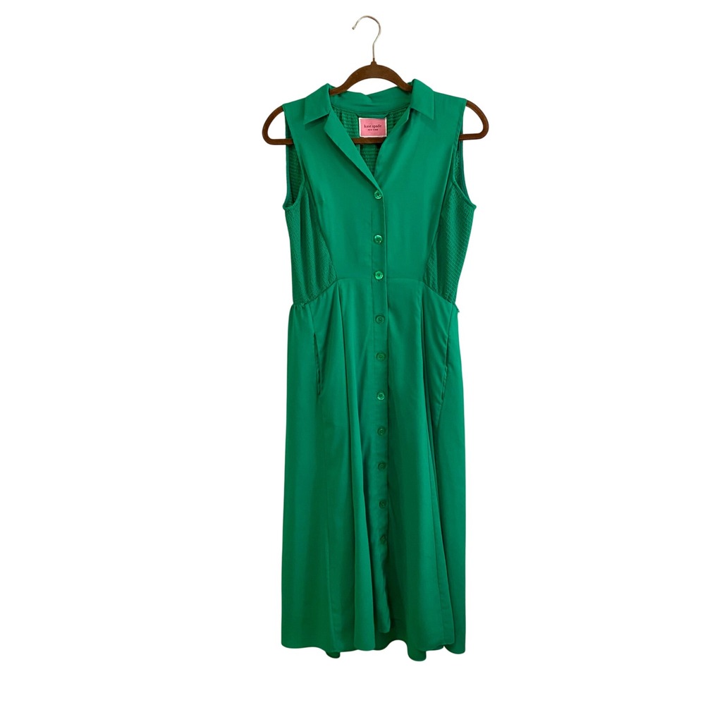 Kate‎ Spade NY Green Button Front Midi Shirt Dress Smocked Back Pockets Size 0